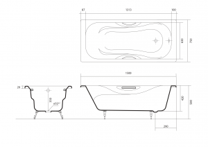 Ванна чугунная эмалированная Aquatek Гамма AQ8050FH-00 1500x750 в комплекте с 4-мя ножками и 2-мя ручками